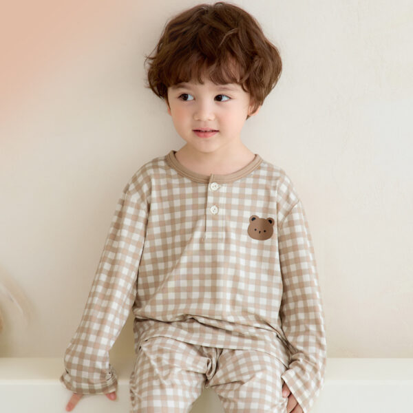 ชุดนอนเด็กผ้านุ่ม 24fw/Peach Warm Check Bear (Brown)