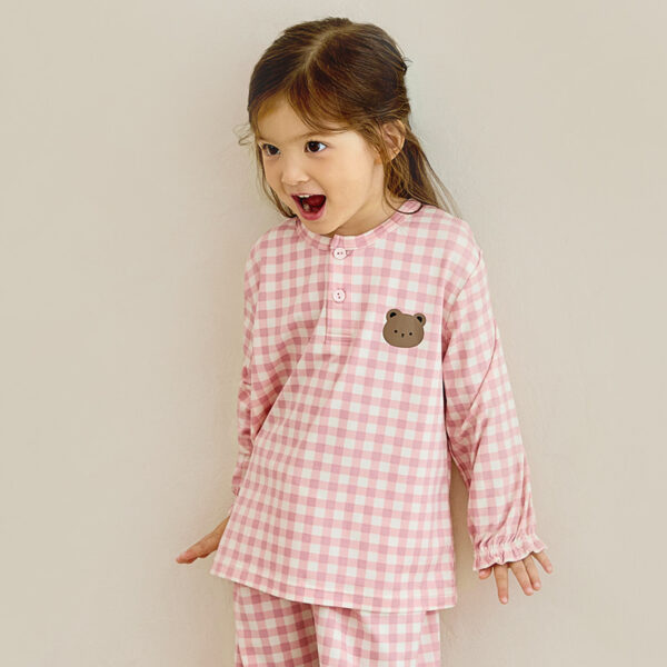 ชุดนอนเด็กผ้านุ่ม 24fw/Peach Warm Check Bear (Pink)